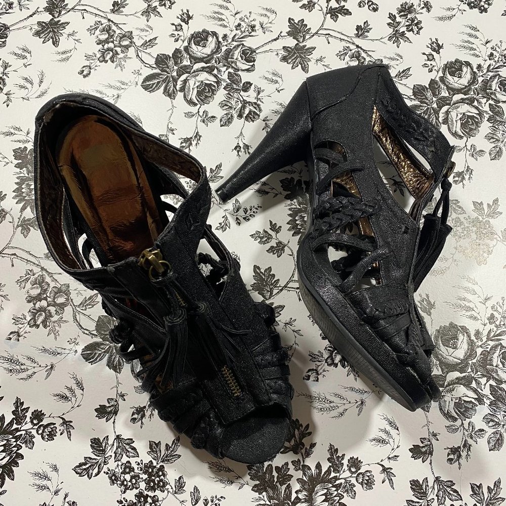 Black Tassel Zip Heels with Gold Tone Inner Braided Detail
